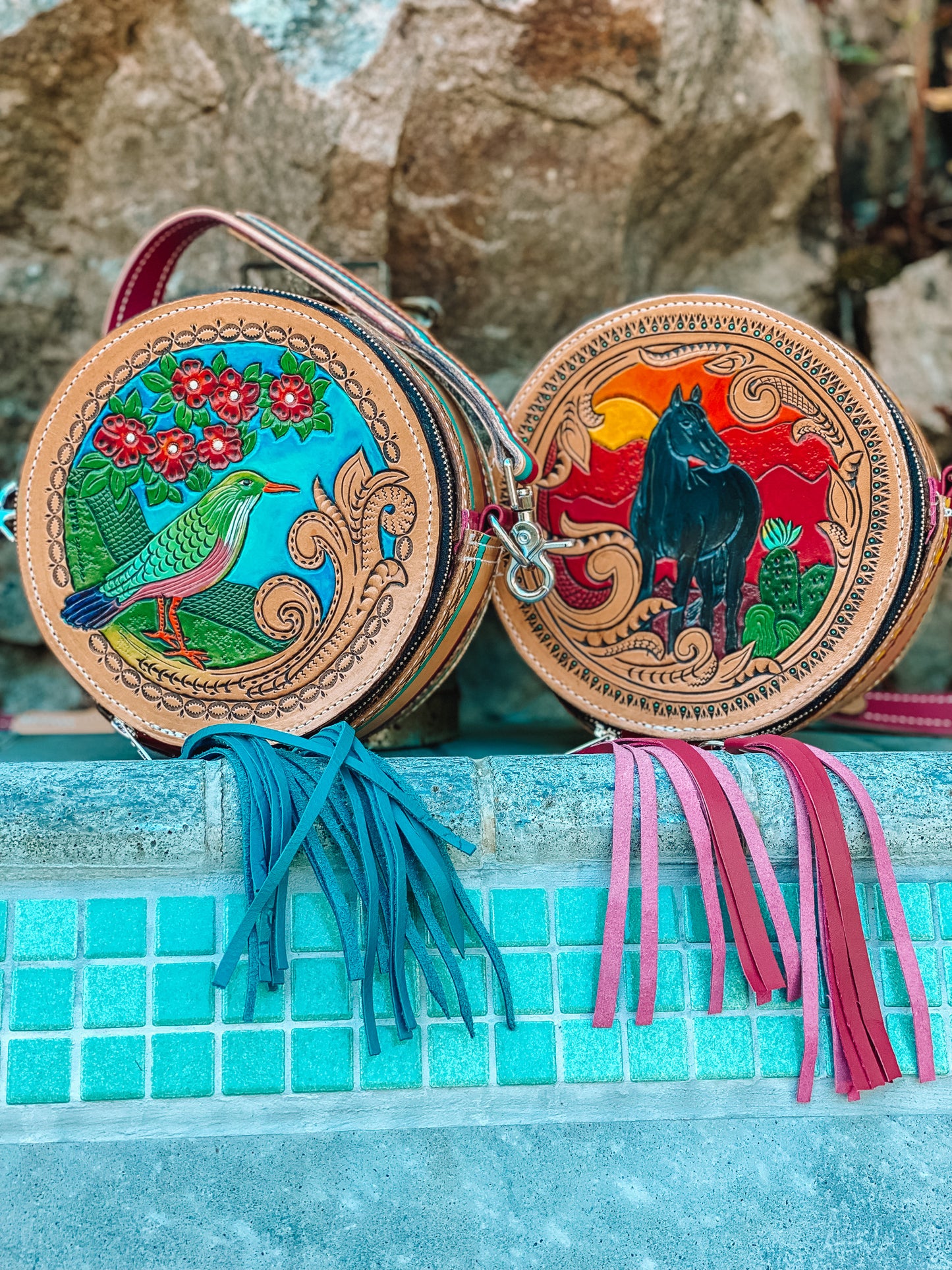 "Sunset Horse" Round Leather Bag