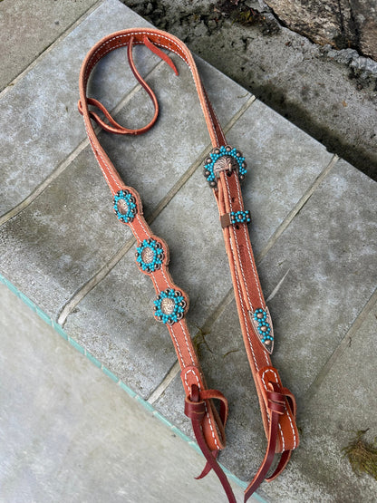 Single Ear Headstall Turqoise Flower