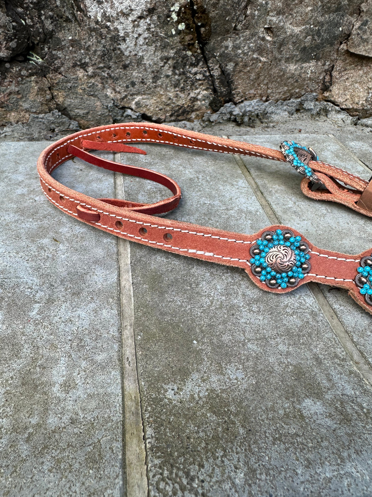 Single Ear Headstall Turqoise Flower