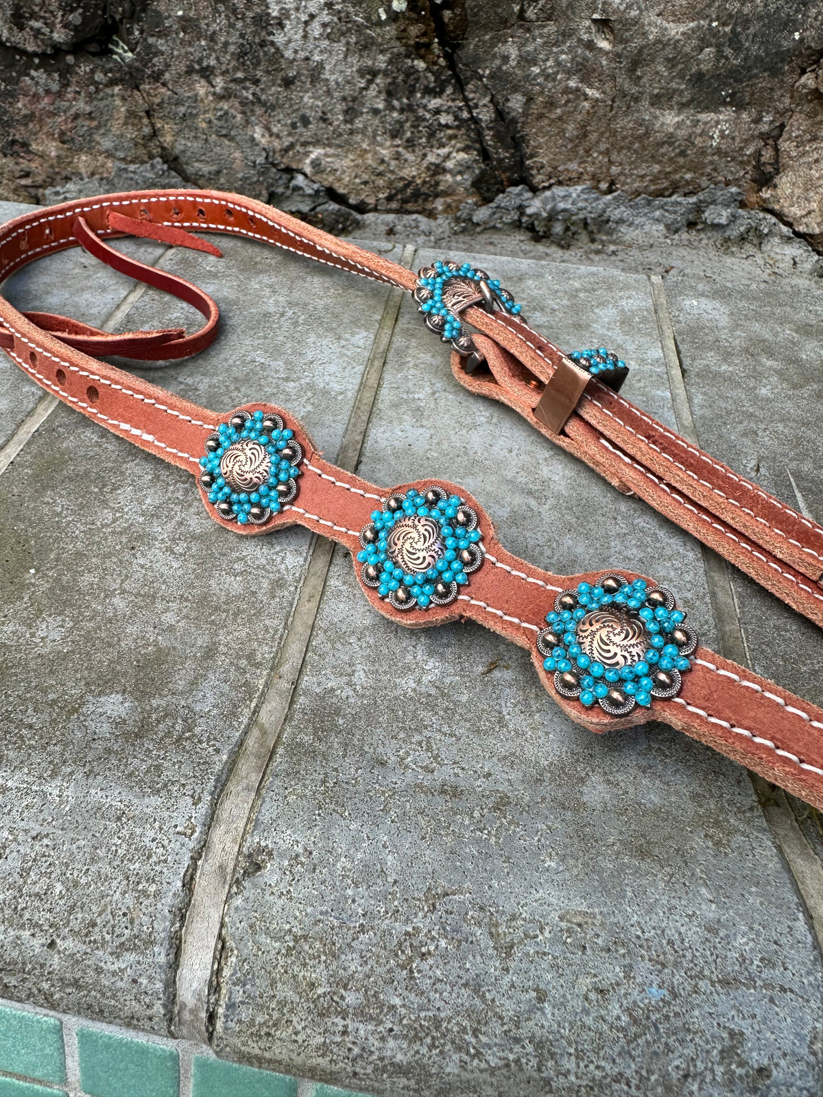 Single Ear Headstall Turqoise Flower