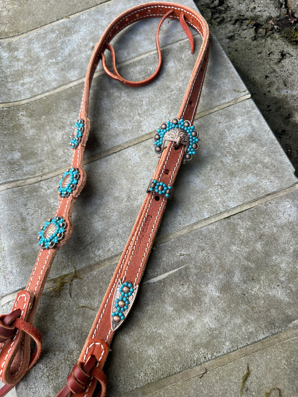 Single Ear Headstall Turqoise Flower