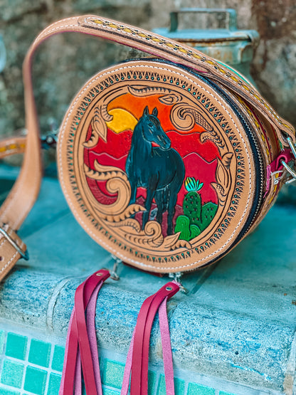 "Sunset Horse" Round Leather Bag